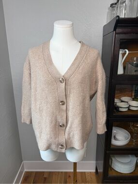 Quince 100% Cashmere Ribbed V Neck Button Cardigan Sweater Beige Size XS